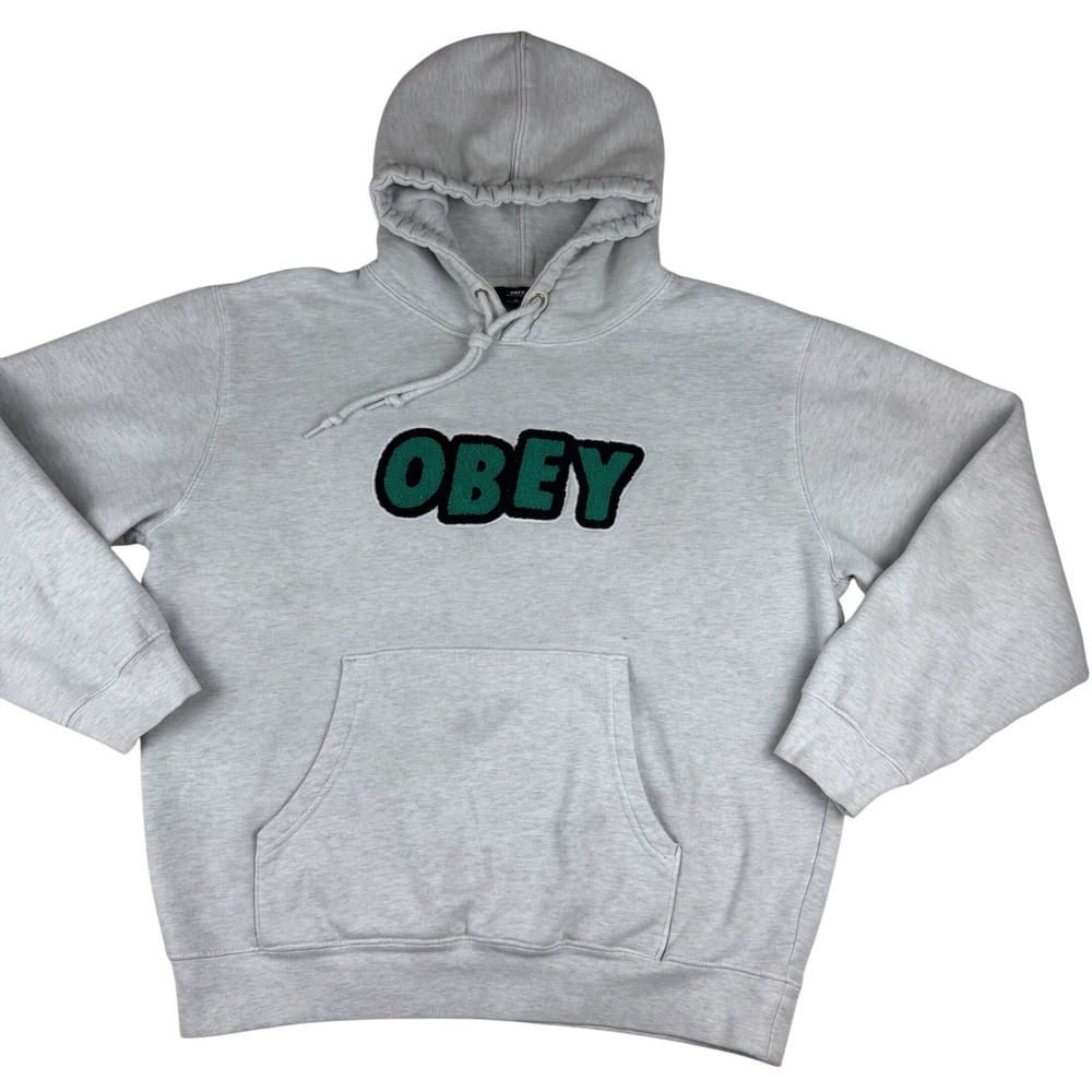 OBEY Mens Grey‎ Hoodie Green Varsity Letters Patch Pullover Hooded Sweatshirt M
